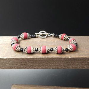 7.5 Inch Sterling Silver Fancy Red Shell Orbs Bracelet